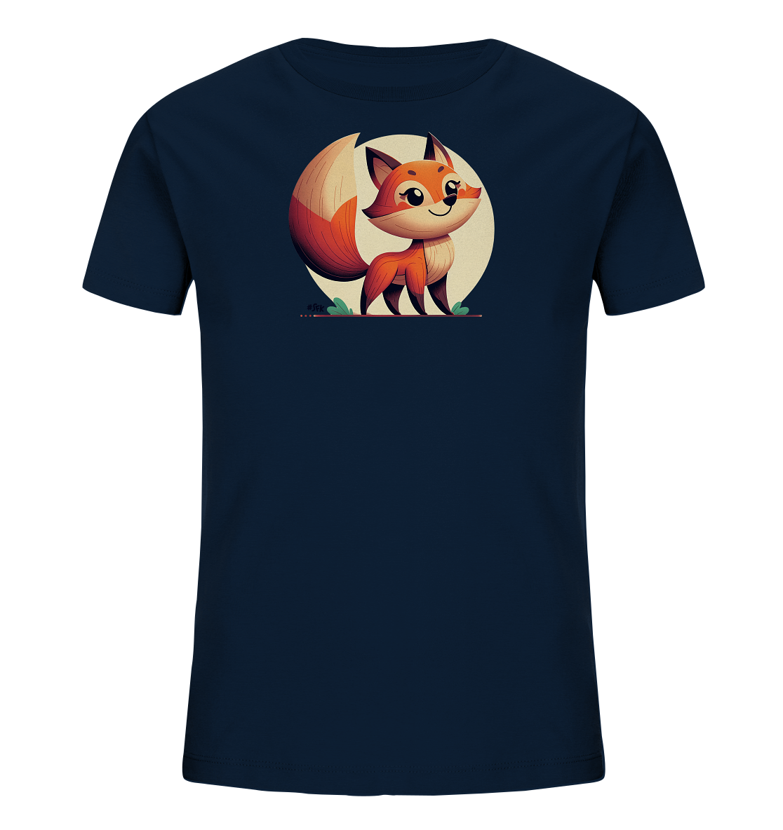 Onlineshop Shirts fuer Kinder - Das Bild zeigt ein dunkelblaues T-Shirt fuer Kinder. Auf der Vorderseite ist eine niedliche, cartoonhafte Fuchs-Illustration zu sehen. Der Fuchs steht vor einem hellen Kreis und ist von kleinen Graselementen umgeben. Das Design wirkt freundlich und verspielt.