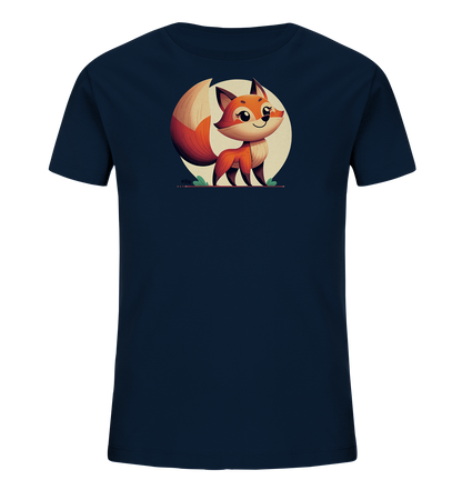 Kinder T-Shirt mit ein freundlicher orangefarbener Fuchs vor einem hellen Sonnenkreis
