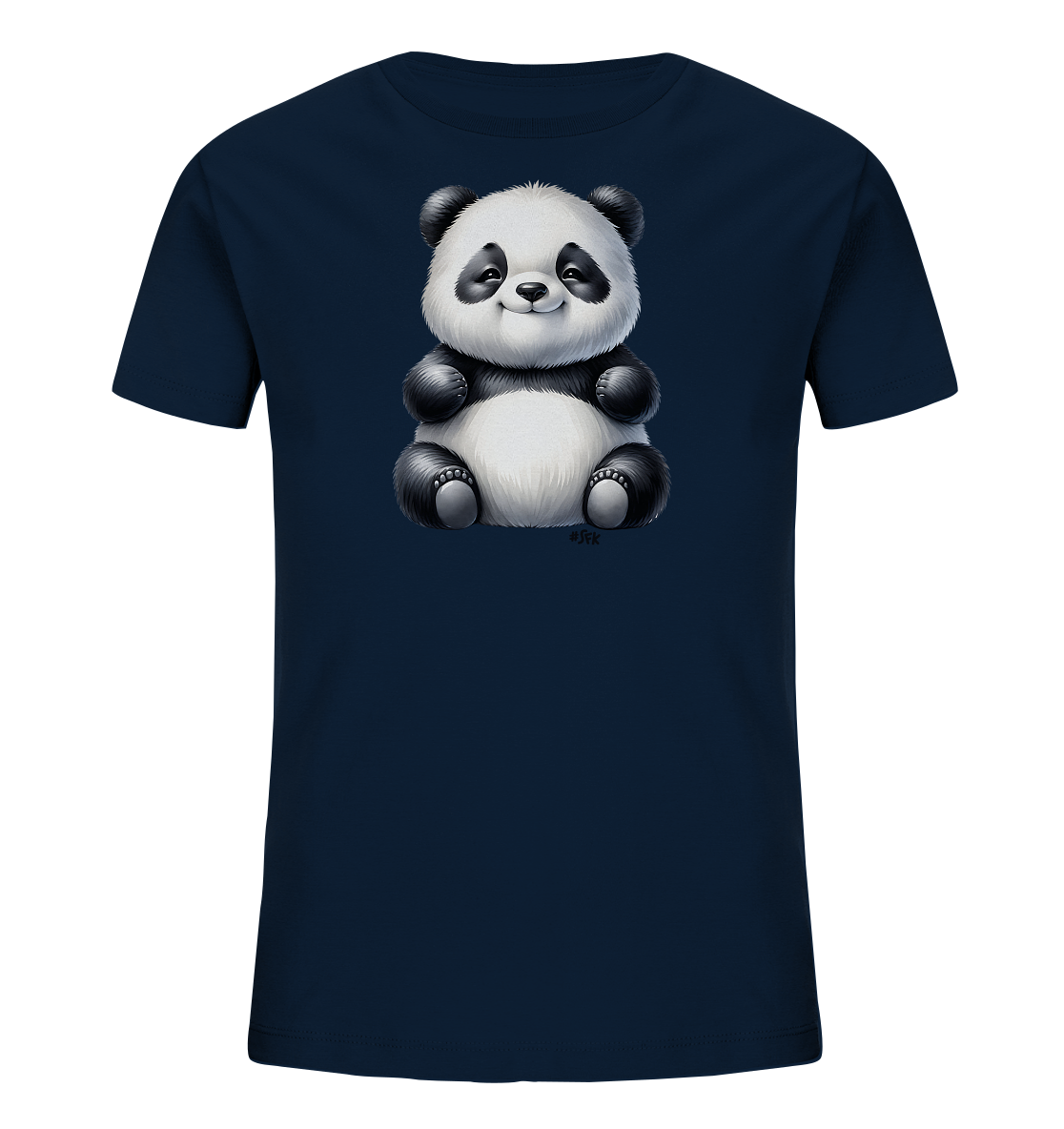 Onlineshop Shirts fuer Kinder - Dieses dunkelblaue Kinder T-Shirt praesentiert ein liebenswertes Panda Motiv zentral auf der Vorderseite. Der gezeichnete Panda sitzt gemuetlich da und hat einen freundlichen, laechelnden Ausdruck. Seine schwarz-weissen Fellpartien sind detailreich und flauschig dargestellt. Das Design ist schlicht und fokussiert auf das suesse Tier.