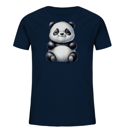 Kinder T-Shirt mit ein sitzender Panda mit schwarz-weißem Fell und freundlichem Lächeln