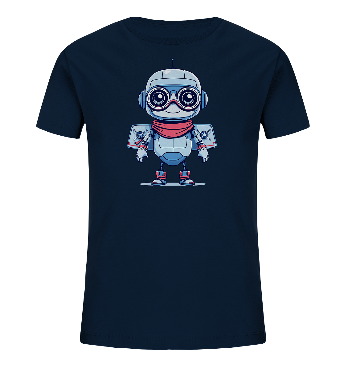 Onlineshop Shirts für Kinder - Das Bild zeigt ein dunkelblaues Kinder-T-Shirt mit einem grossen, aufgedruckten Motiv auf der Vorderseite. Das Motiv stellt einen niedlichen, cartoonhaften Roboter in hellem Blau und Grau dar, der freundlich in die Kamera blickt. Der Roboter ist mit grossen Fliegerbrillen, Kopfhörern oder Ohren und einem roten Schal ausgestattet und hat kleine Flügel oder Jetpacks am Rücken. Das Design wirkt verspielt und ansprechend, ideal für junge Technik- oder Abenteuerfans.