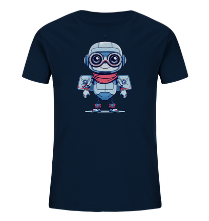 Onlineshop Shirts für Kinder - Das Bild zeigt ein dunkelblaues Kinder-T-Shirt mit einem grossen, aufgedruckten Motiv auf der Vorderseite. Das Motiv stellt einen niedlichen, cartoonhaften Roboter in hellem Blau und Grau dar, der freundlich in die Kamera blickt. Der Roboter ist mit grossen Fliegerbrillen, Kopfhörern oder Ohren und einem roten Schal ausgestattet und hat kleine Flügel oder Jetpacks am Rücken. Das Design wirkt verspielt und ansprechend, ideal für junge Technik- oder Abenteuerfans.