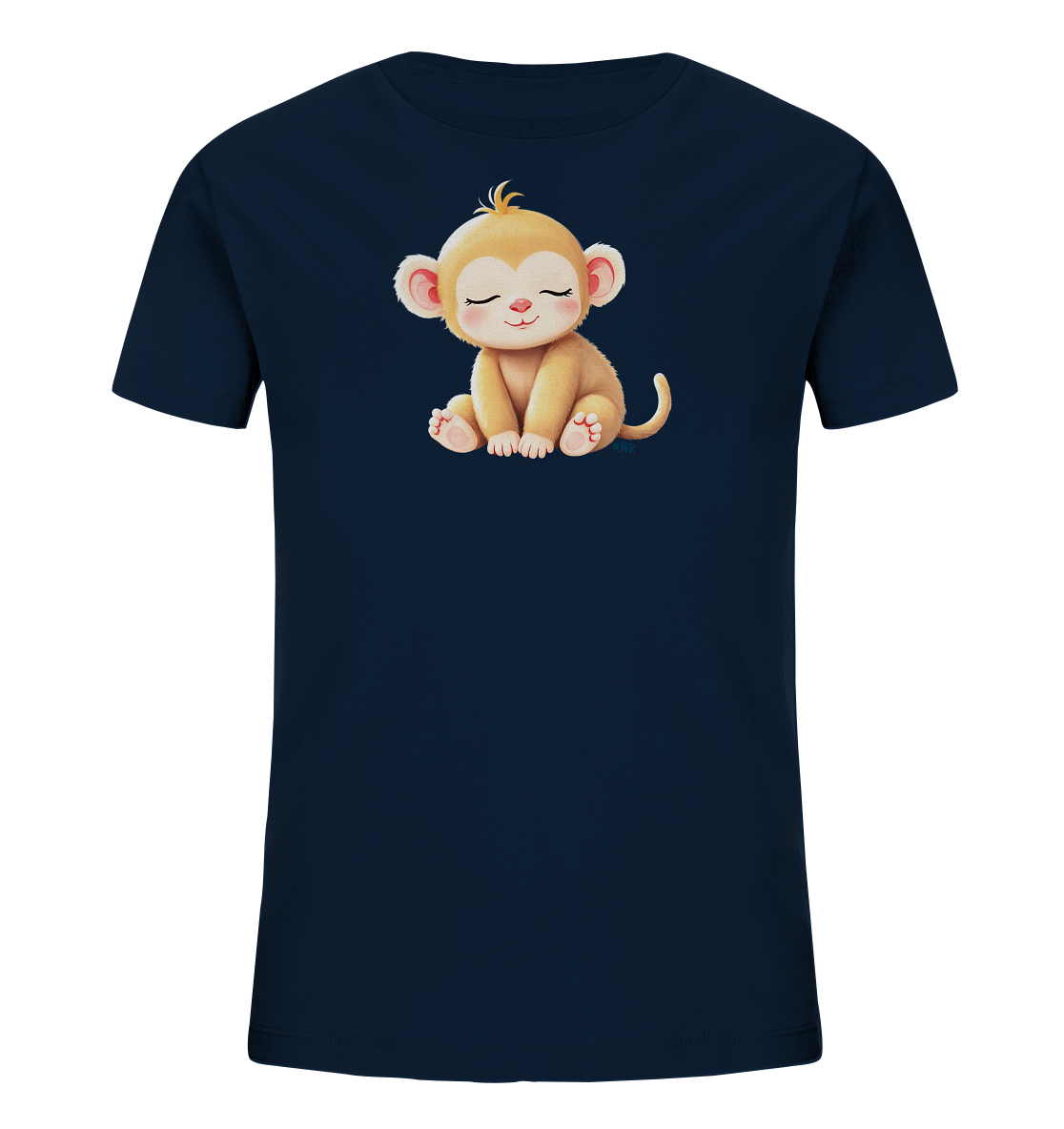 Onlineshop Shirts fuer Kinder - Das Bild zeigt ein dunkelblaues T-Shirt fuer Kinder. Auf der Vorderseite ist eine suesse, sitzende Affenfigur abgebildet. Der Affe hat grosse Ohren, geschlossene Augen und ein sanftes Laecheln. Das Motiv ist in warmen Brauntoenen gehalten und verleiht dem Shirt einen verspielten Look.