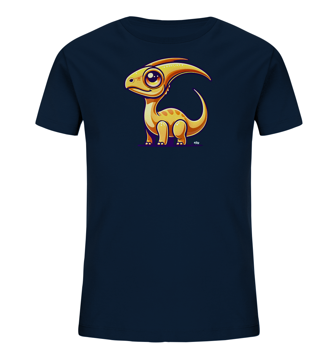 Onlineshop Shirts fuer Kinder - Das Bild zeigt ein dunkelblaues T-Shirt fuer Kinder. Auf der Vorderseite befindet sich eine niedliche, cartoonartige Illustration eines babyhaften Dinosauriers. Der kleine gelb-orangefarbene Dinosaurier mit grossen Augen und einem Kamm auf dem Kopf sitzt auf einer lila Flaeche. Das Motiv verleiht dem Shirt einen verspielten und kinderfreundlichen Look.