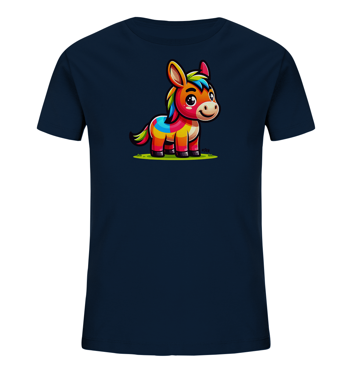 Onlineshop Shirts fuer Kinder - Das Bild zeigt ein dunkelblaues T-Shirt fuer Kinder. Auf der Vorderseite ist eine farbenfrohe, cartoonhafte Illustration eines kleinen Esels zu sehen. Der Esel steht auf gruenem Gras und hat eine leuchtend bunte Maehne und Koerperpartien in Rot, Orange, Gelb, Blau und Tuerkis. Das Motiv wirkt froehlich und lebendig.