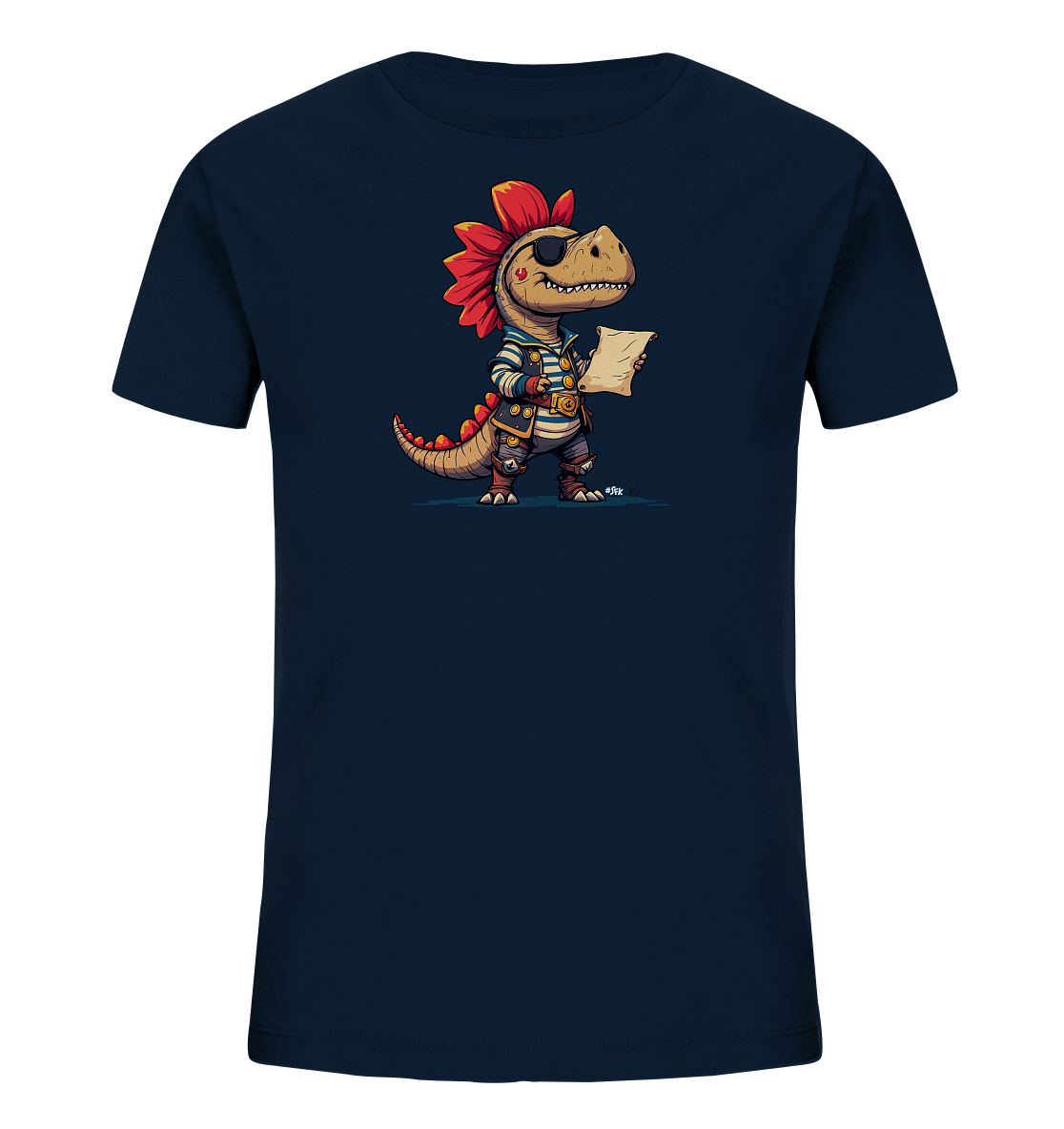 Onlineshop Shirts fuer Kinder - Das Bild zeigt ein dunkelblaues Kinder-T-Shirt mit einer detailreichen Illustration eines Dinosauriers. Der Dinosaurier ist als Pirat verkleidet und traegt eine Augenklappe sowie eine rote Kopfbedeckung. Er haelt ein Stueck Papier, das einer Schatzkarte aehnelt. Das Design ist humorvoll und abenteuerlich gestaltet.