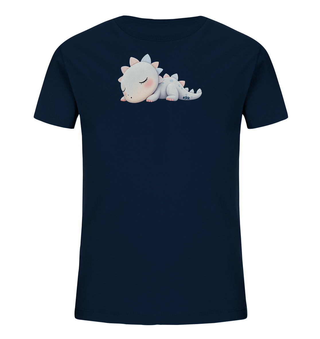 Onlineshop Shirts fuer Kinder - Das Bild zeigt ein dunkelblaues Kinder-T-Shirt. Auf der Vorderseite ist eine niedliche, schlafende Zeichentrickfigur abgebildet, die einem kleinen Drachen aehnelt. Die Figur ist hellgrau mit zarten rosa Wangen und pastellfarbenen Stacheln auf Ruecken und Kopf. Sie liegt friedlich zusammengerollt da und verleiht dem Shirt einen sanften und liebenswerten Charakter.