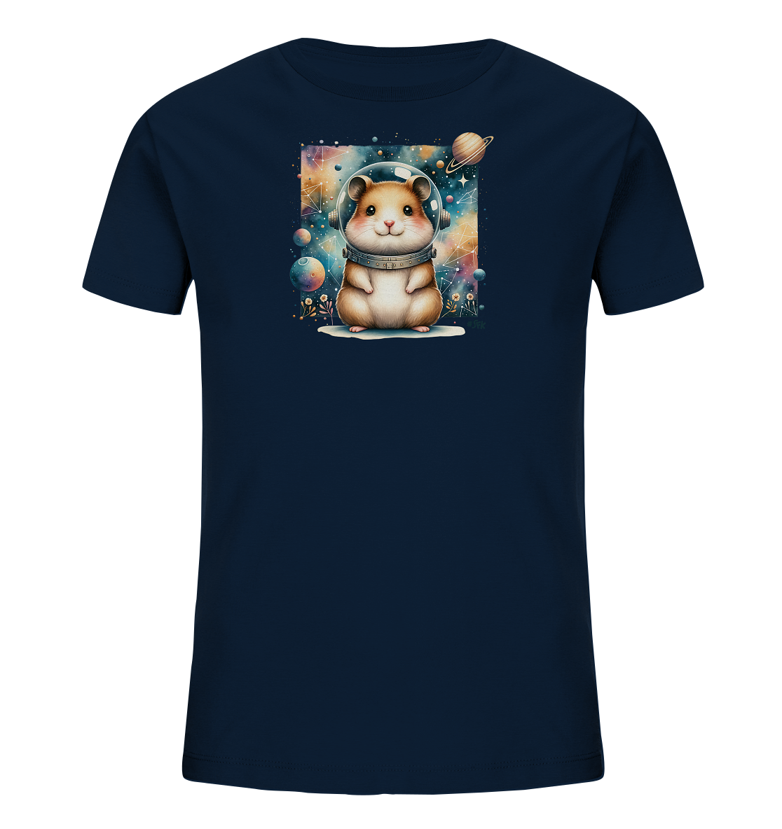 Onlineshop Shirts fuer Kinder - Das dunkelblaue T-Shirt zeigt einen niedlichen Hamster im Astronautenhelm. Das Motiv umfasst Planeten, Sterne und Galaxien vor einem farbenfrohen Weltall-Hintergrund. Es ist ein fantasievolles Design fuer Kinder.
