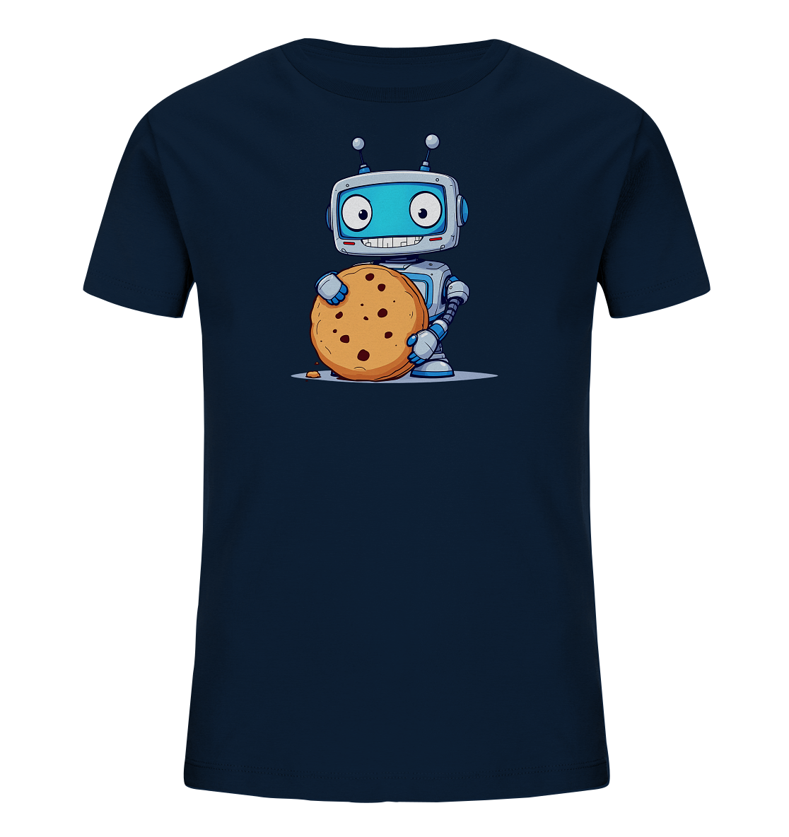 Onlineshop Shirts für Kinder - Das Bild zeigt ein dunkelblaues T-Shirt für Kinder mit einem aufgedruckten Motiv auf der Vorderseite. Abgebildet ist ein freundlich lächelnder, blauer und grauer Cartoon-Roboter mit Antennen auf dem Kopf und großen Augen. Der Roboter hält einen sehr großen, runden Schoko-Keks in seinen Händen. Eine kleine Krume liegt daneben auf dem Boden, was das verspielte Thema unterstreicht.