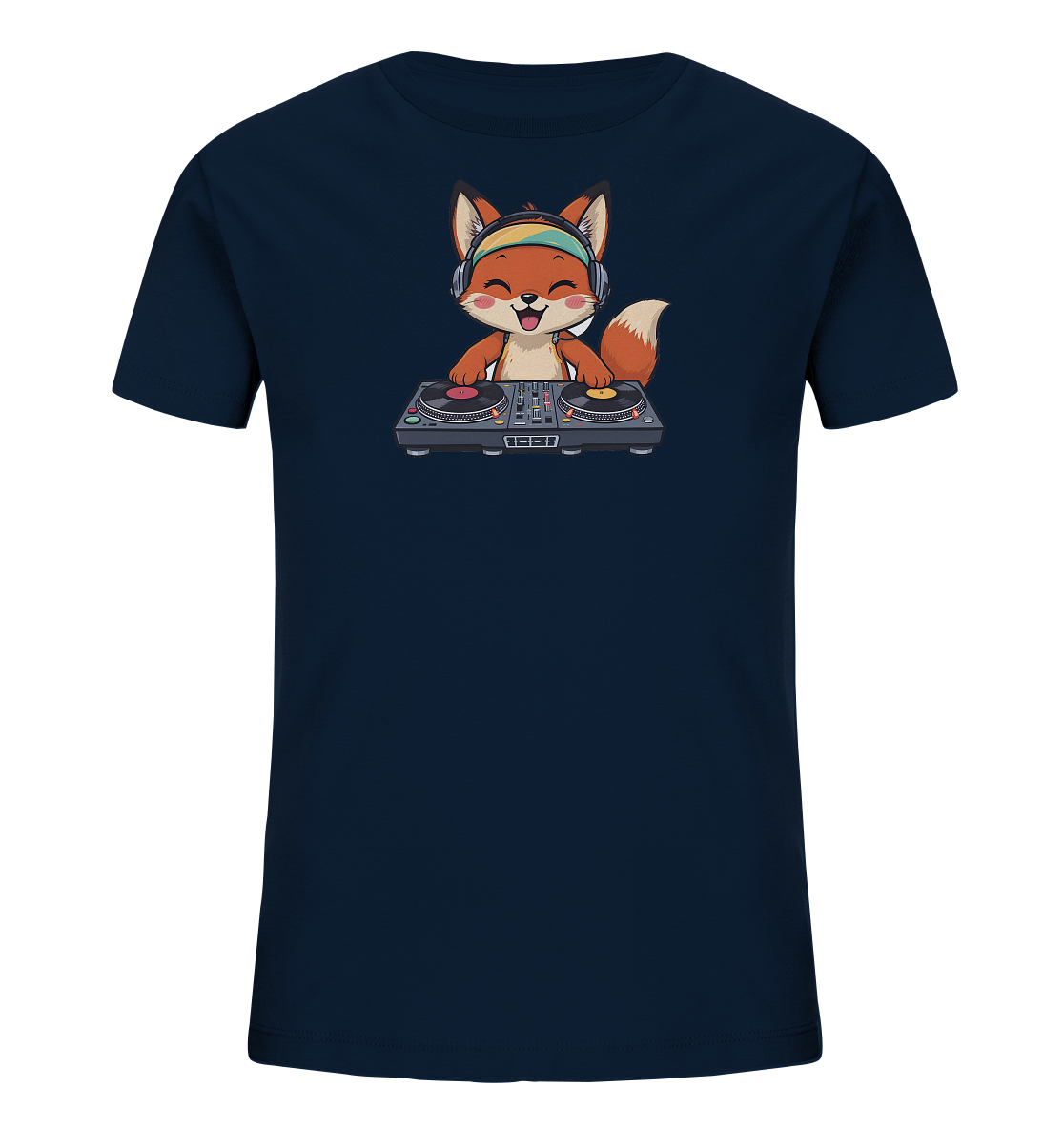 Onlineshop Shirts fuer Kinder - Das Bild zeigt ein dunkelblaues Kinder-T-Shirt mit einem niedlichen Fuchs-Motiv auf der Vorderseite. Der Cartoon-Fuchs traegt Kopfhoerer und steht an einem DJ-Mischpult mit zwei Plattenspielern. Er hat einen froehlichen Ausdruck mit herausgestreckter Zunge. Das Design wirkt verspielt und musikbegeistert.
