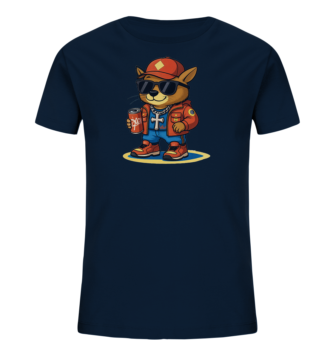 Onlineshop Shirts fuer Kinder - Das dunkelblaue Kinder-T-Shirt zeigt eine stylische Comicfigur, die einen Fuchs oder Hund darstellt. Die Figur traegt eine rote Kappe, Sonnenbrille, eine Goldkette, eine orangefarbene Jacke, blaue Jeans und rote Turnschuhe. In der Hand haelt sie eine rote Dose mit einem grafischen Symbol. Das Design verleiht dem Shirt einen coolen und modernen Look.
