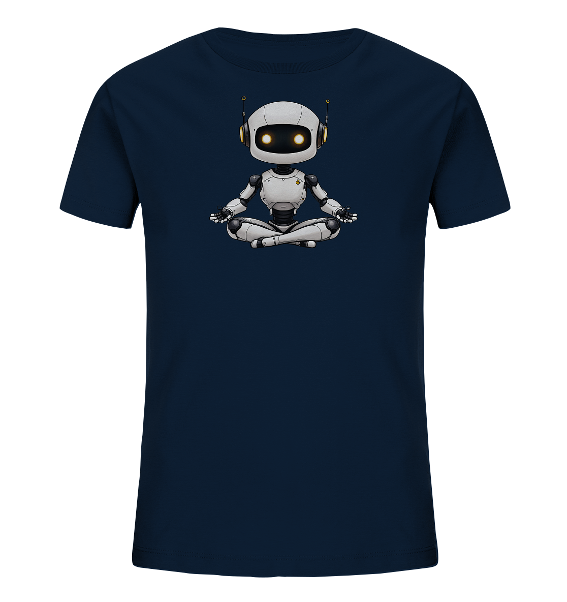Onlineshop Shirts für Kinder - Das Bild zeigt ein dunkelblaues Kinder-T-Shirt mit einem Druck auf der Vorderseite. Der Druck stellt einen sitzenden, weißen Roboter dar, der in einer Meditationsposition mit überkreuzten Beinen und auf den Knien ruhenden Händen dargestellt ist. Der Roboter hat leuchtend gelbe Augen und Antennen oder Kopfhörer an den Seiten seines Kopfes. Dieses neutrale Design ist für Kinder jeden Alters geeignet und bietet eine originelle Grafik.