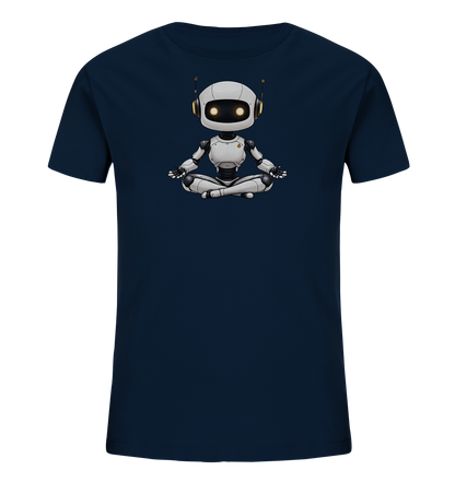 Onlineshop Shirts für Kinder - Das Bild zeigt ein dunkelblaues Kinder-T-Shirt mit einem Druck auf der Vorderseite. Der Druck stellt einen sitzenden, weißen Roboter dar, der in einer Meditationsposition mit überkreuzten Beinen und auf den Knien ruhenden Händen dargestellt ist. Der Roboter hat leuchtend gelbe Augen und Antennen oder Kopfhörer an den Seiten seines Kopfes. Dieses neutrale Design ist für Kinder jeden Alters geeignet und bietet eine originelle Grafik.