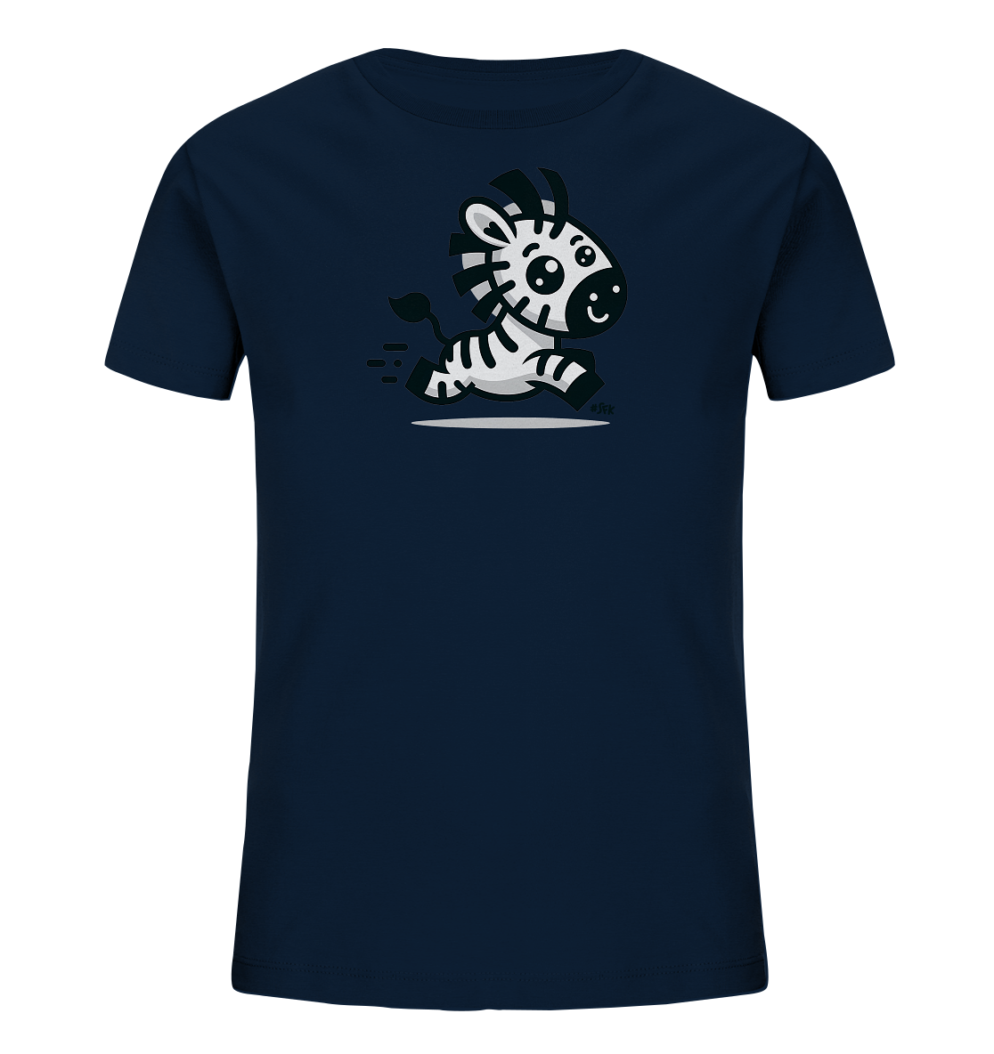Onlineshop Shirts fuer Kinder - Das Bild zeigt ein dunkelblaues Kinder-T-Shirt mit einer niedlichen Cartoon-Grafik. Das Motiv ist ein rennendes Zebra mit grossen Augen und einem Laecheln. Das Zebra hat schwarz-weisse Streifen und wirkt dynamisch und froehlich. Dieses Design ist verspielt und ansprechend fuer Kinder.
