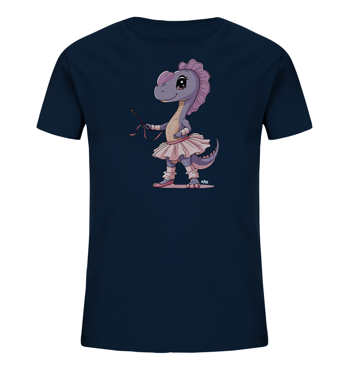 Onlineshop Shirts fuer Kinder - Das dunkelblaue T-Shirt zeigt eine niedliche Illustration eines lila Dinosauriers. Der Dino traegt ein pinkes Ballett-Outfit mit Tutu und Ballettschuhen. Er haelt einen Zauberstab mit Baendern in der Hand. Das verspielte Design macht das Shirt zu einem Hingucker.