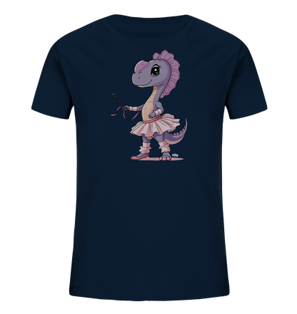 Onlineshop Shirts fuer Kinder - Das dunkelblaue T-Shirt zeigt eine niedliche Illustration eines lila Dinosauriers. Der Dino traegt ein pinkes Ballett-Outfit mit Tutu und Ballettschuhen. Er haelt einen Zauberstab mit Baendern in der Hand. Das verspielte Design macht das Shirt zu einem Hingucker.