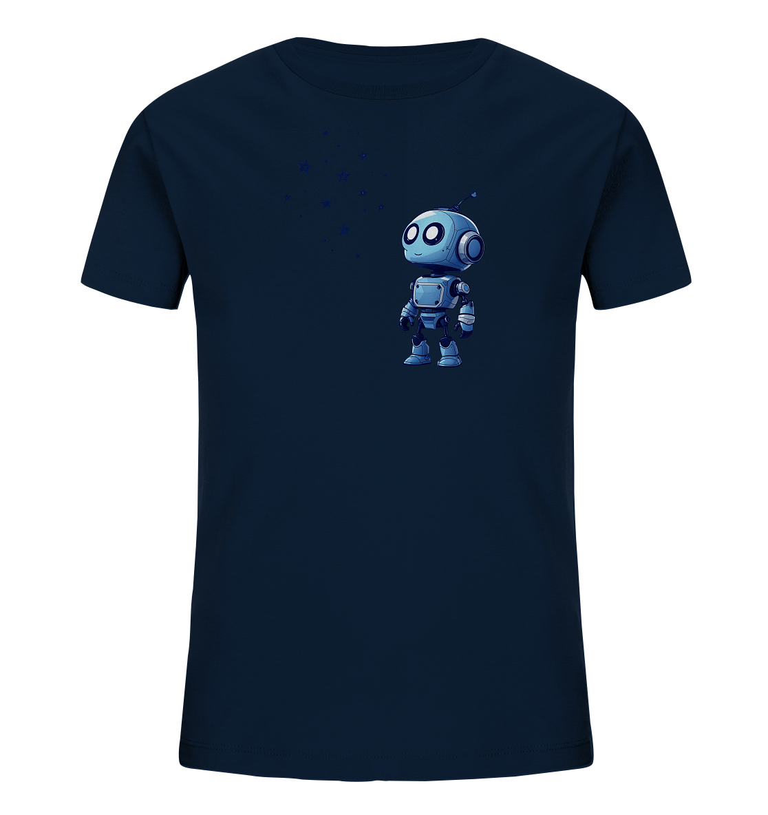 Onlineshop Shirts für Kinder - Das Bild zeigt ein dunkelblaues Kinder-T-Shirt auf einem schwarzen Hintergrund. Auf der Vorderseite des Shirts ist eine Illustration eines kleinen, freundlichen Roboters platziert. Der Roboter ist hauptsächlich in Blau- und Grautönen gehalten und hat große runde Augen sowie eine kleine Antenne. Über dem Roboter schweben mehrere kleine blaue Partikel oder Sterne, die das Design ergänzen.