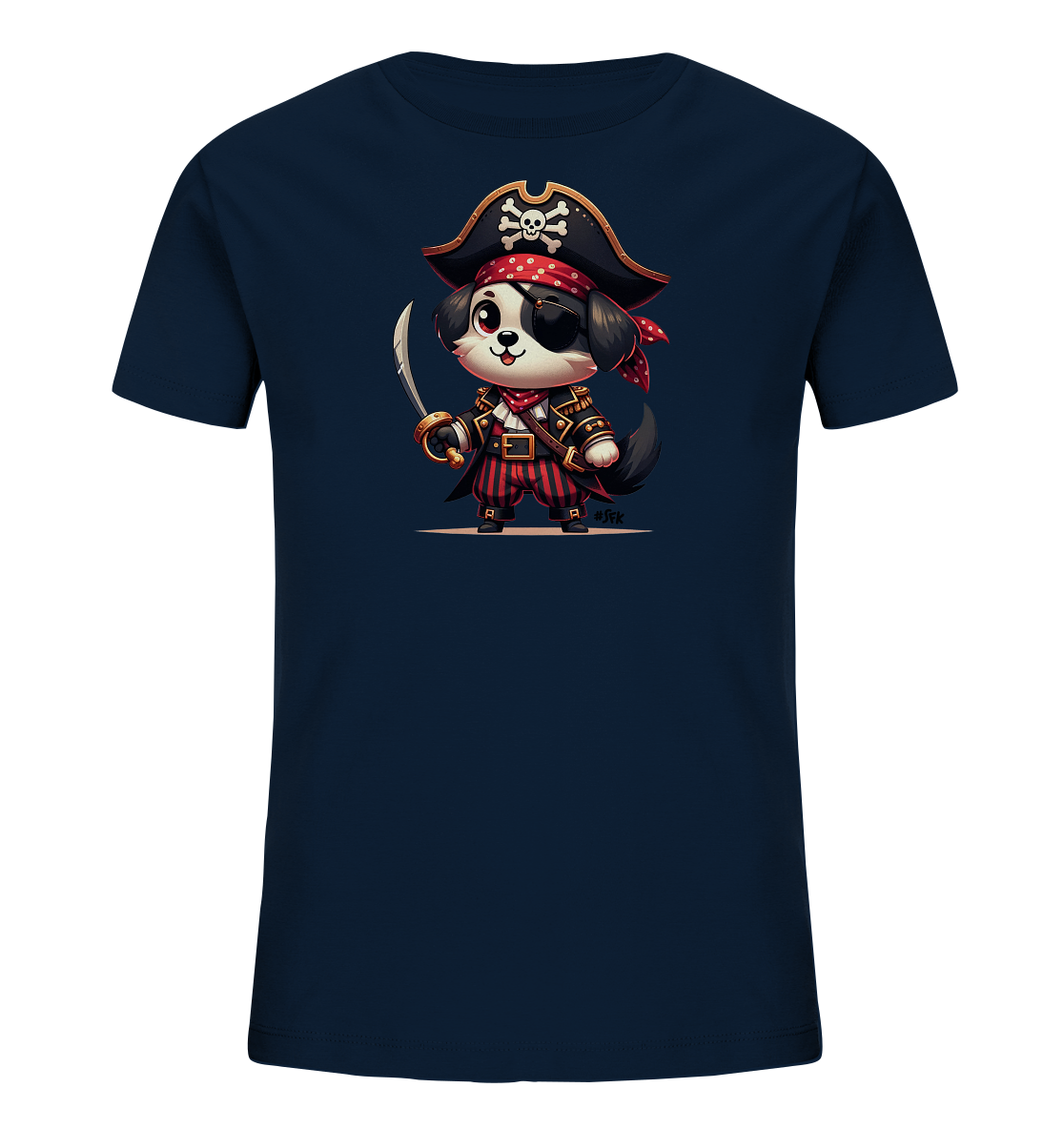 Kinder T-Shirt mit Cartoon-Piratenhund, Augenklappe, Hut und Säbel