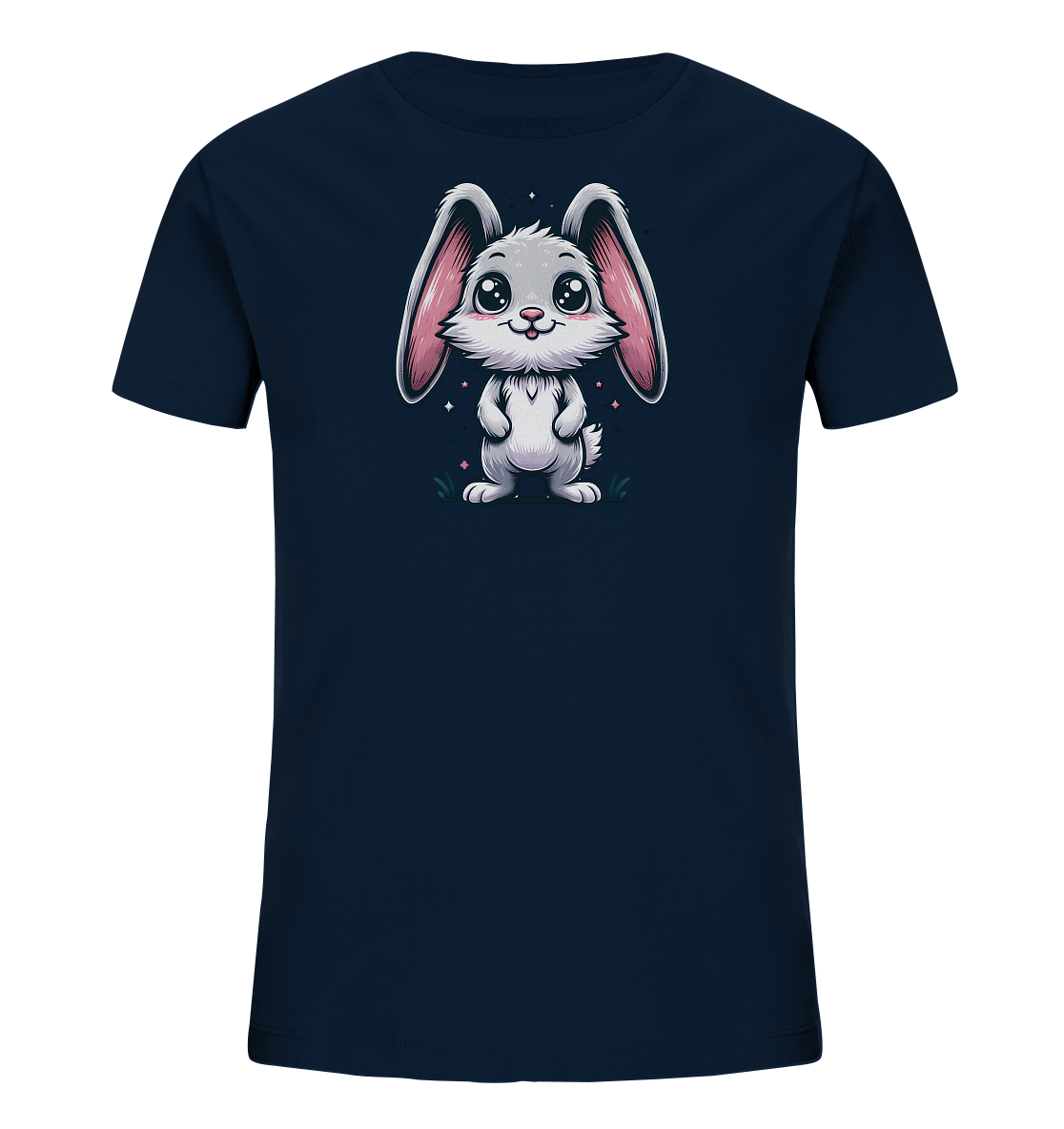 Onlineshop Shirts fuer Kinder - Das Bild zeigt ein dunkelblaues Kinder-T-Shirt. Auf der Vorderseite befindet sich eine Illustration eines niedlichen, weissen Kaninchens mit rosa Ohren und grossen, glaenzenden Augen. Das Kaninchen steht auf einer kleinen gruenen Flaeche mit einigen rosa Glitzerpartikeln im Hintergrund. Das Design wirkt freundlich und verspielt.