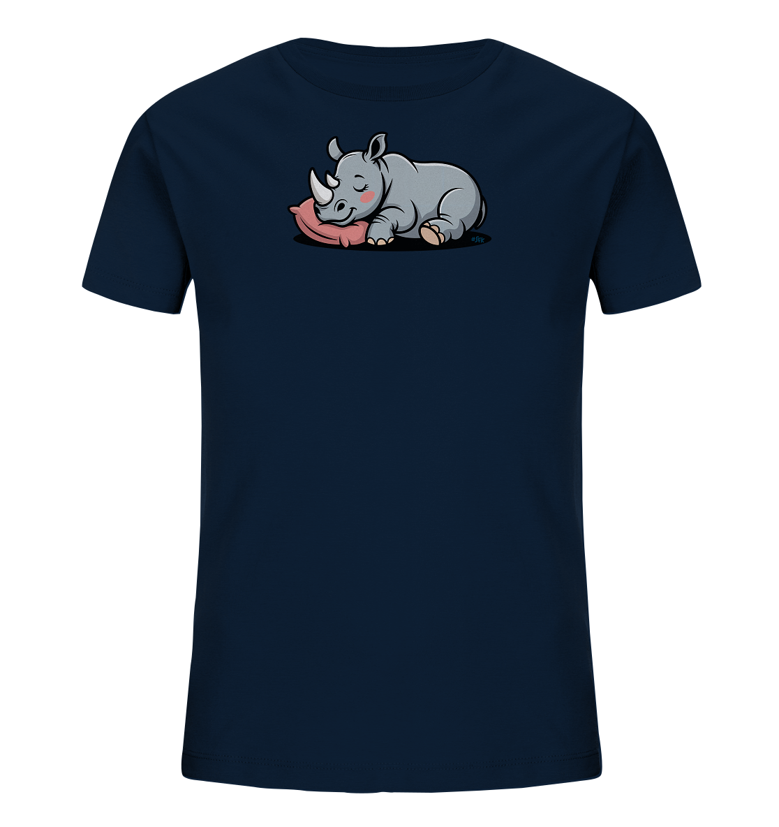 Onlineshop Shirts fuer Kinder - Das Bild zeigt ein dunkelblaues Kinder-T-Shirt mit einem niedlichen Aufdruck auf der Vorderseite. Abgebildet ist ein schlafendes, graues Nashorn, das auf einem rosa Kissen liegt. Das Nashorn hat geschlossene Augen und rosafarbene Wangen, was einen friedlichen Ausdruck vermittelt. Das Design ist verspielt und ansprechend fuer Kinder.