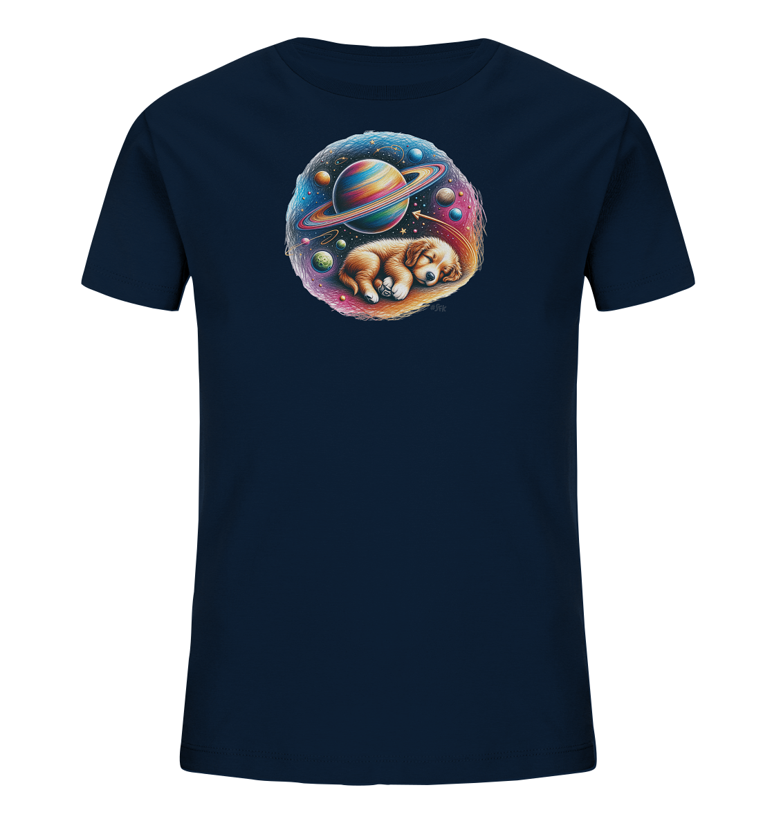 Onlineshop Shirts fuer Kinder - Dieses dunkelblaue T-Shirt fuer Kinder zeigt eine runde Grafik in der Mitte. Das Motiv stellt einen schlafenden Welpen dar, der inmitten einer farbenpraechtigen Weltraumlandschaft liegt. Es sind ein grosser Planet mit Ringen sowie weitere Himmelskoerper und Sterne zu sehen. Die Illustration ist detailreich und zeigt einen traeumenden Hund im Kosmos.