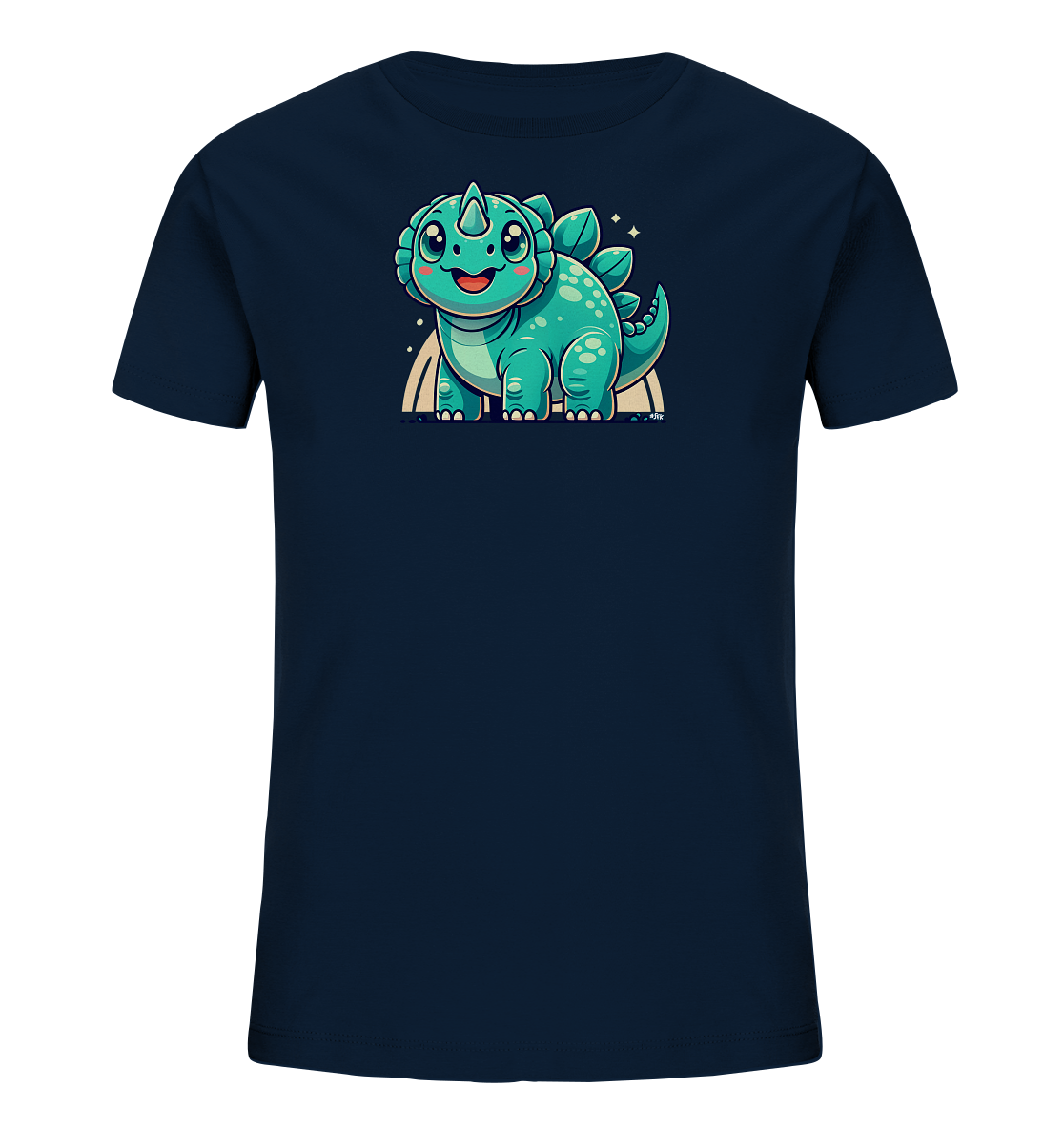 Onlineshop Shirts fuer Kinder - Das Bild zeigt ein dunkelblaues T-Shirt mit einem suessen Cartoon-Dinosaurier in Tuerkis auf der Vorderseite. Der kleine Dino hat grosse Augen, ein breites Laecheln und ist von Sternen umgeben. Er sitzt auf einer farbigen halbkreisfoermigen Form. Das Design wirkt froehlich und kindgerecht.