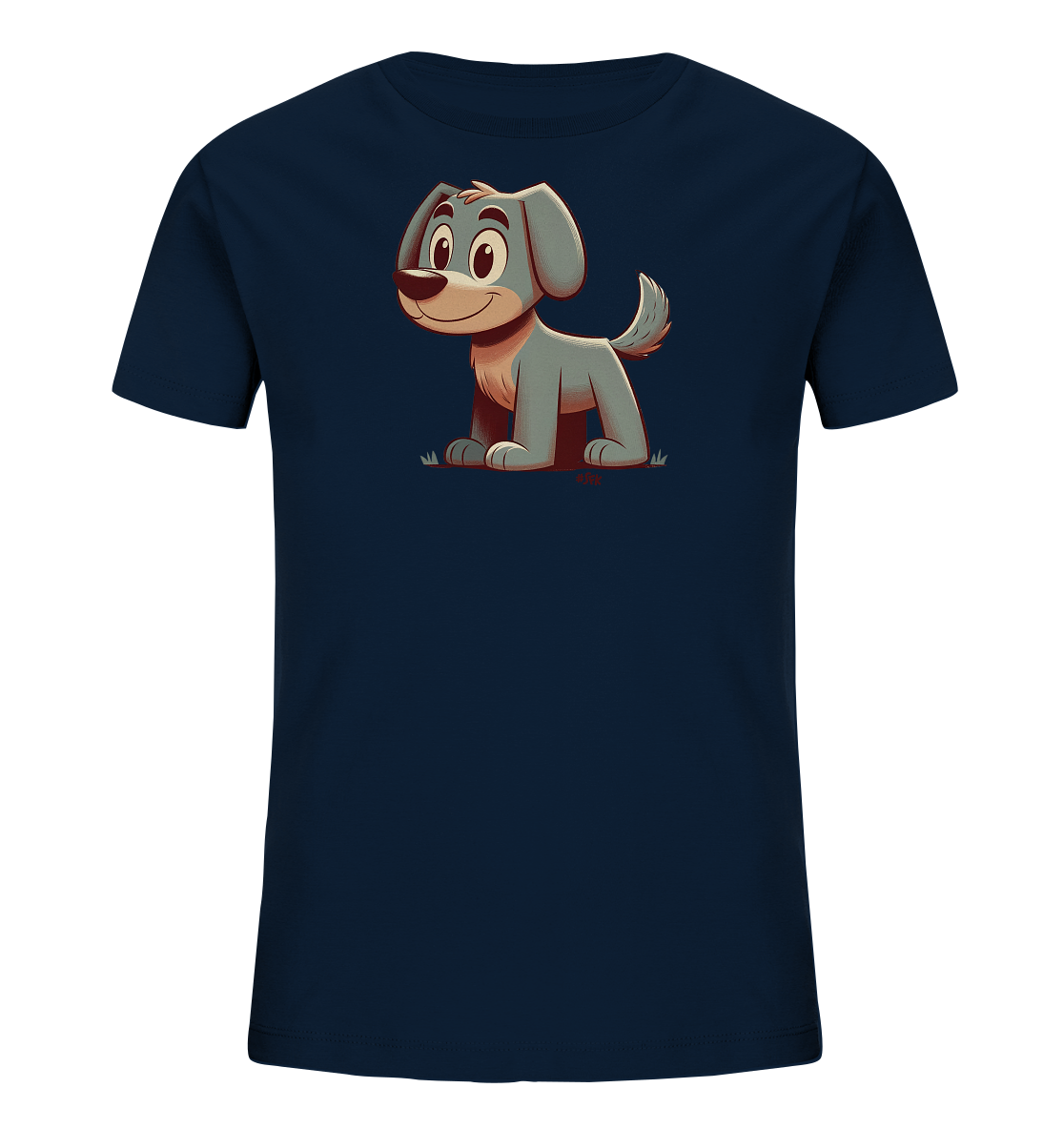 Onlineshop Shirts fuer Kinder - Das Bild zeigt ein dunkelblaues T-Shirt fuer Kinder mit einer niedlichen Illustration auf der Vorderseite. Zu sehen ist ein sitzender, grauer Hund im Comic-Stil. Der Hund hat grosse Augen und ein freundliches Laecheln, sein Schwanz wedelt. Die Grafik ist oberhalb der Mitte des Shirts platziert.