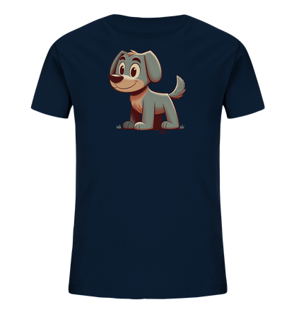 Onlineshop Shirts fuer Kinder - Das Bild zeigt ein dunkelblaues T-Shirt fuer Kinder mit einer niedlichen Illustration auf der Vorderseite. Zu sehen ist ein sitzender, grauer Hund im Comic-Stil. Der Hund hat grosse Augen und ein freundliches Laecheln, sein Schwanz wedelt. Die Grafik ist oberhalb der Mitte des Shirts platziert.