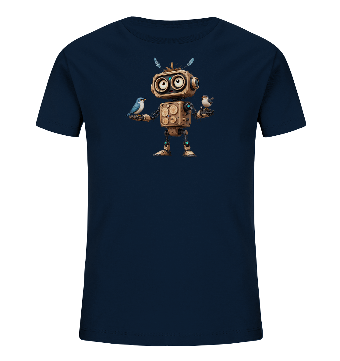 Onlineshop Shirts für Kinder - Das Bild zeigt ein dunkelblaues T-Shirt für Kinder. Auf der Vorderseite ist eine einzigartige Illustration eines freundlich aussehenden Roboters abgebildet. Der Roboter scheint aus Holz oder ähnlichen Materialien gefertigt zu sein und hält in jeder Hand einen kleinen Vogel. Über dem Kopf des Roboters sind zwei Federn zu sehen, was dem Design eine fantasievolle Note verleiht. Die gesamte Grafik ist detailreich und farblich harmonisch gestaltet.