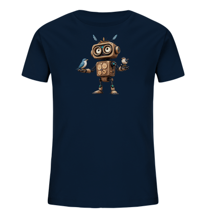 Onlineshop Shirts für Kinder - Das Bild zeigt ein dunkelblaues T-Shirt für Kinder. Auf der Vorderseite ist eine einzigartige Illustration eines freundlich aussehenden Roboters abgebildet. Der Roboter scheint aus Holz oder ähnlichen Materialien gefertigt zu sein und hält in jeder Hand einen kleinen Vogel. Über dem Kopf des Roboters sind zwei Federn zu sehen, was dem Design eine fantasievolle Note verleiht. Die gesamte Grafik ist detailreich und farblich harmonisch gestaltet.