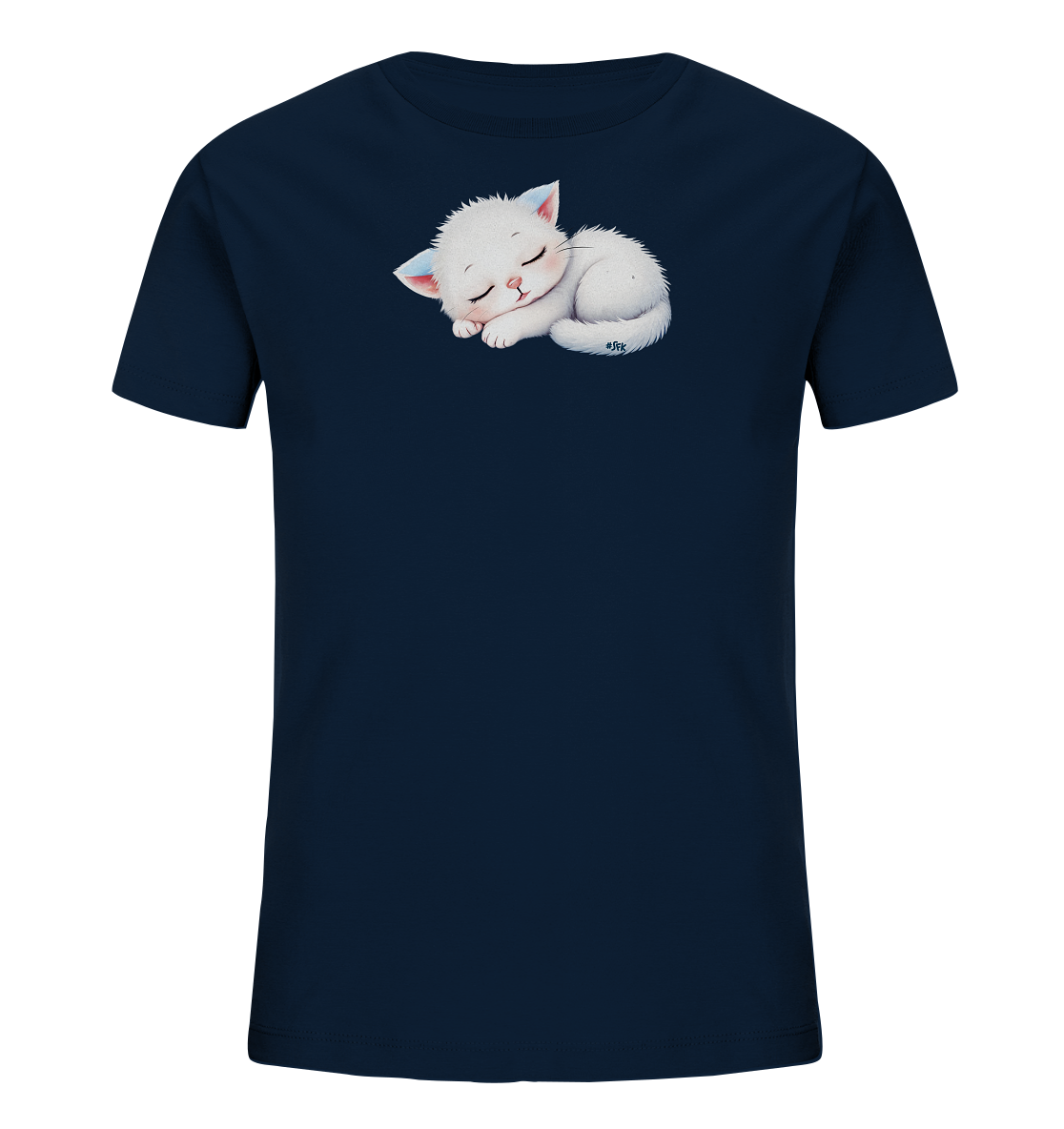 Onlineshop Shirts fuer Kinder - Das Bild zeigt ein dunkelblaues Kinder-T-Shirt. Auf der Vorderseite ist eine niedliche, weisse Katze abgebildet. Das Kaetzchen ist zusammengerollt und schlaeft friedlich, mit geschlossenen Augen und rosa Akzenten an Ohren und Nase. Das Motiv wirkt sanft und verspielt, ideal fuer Kinder.
