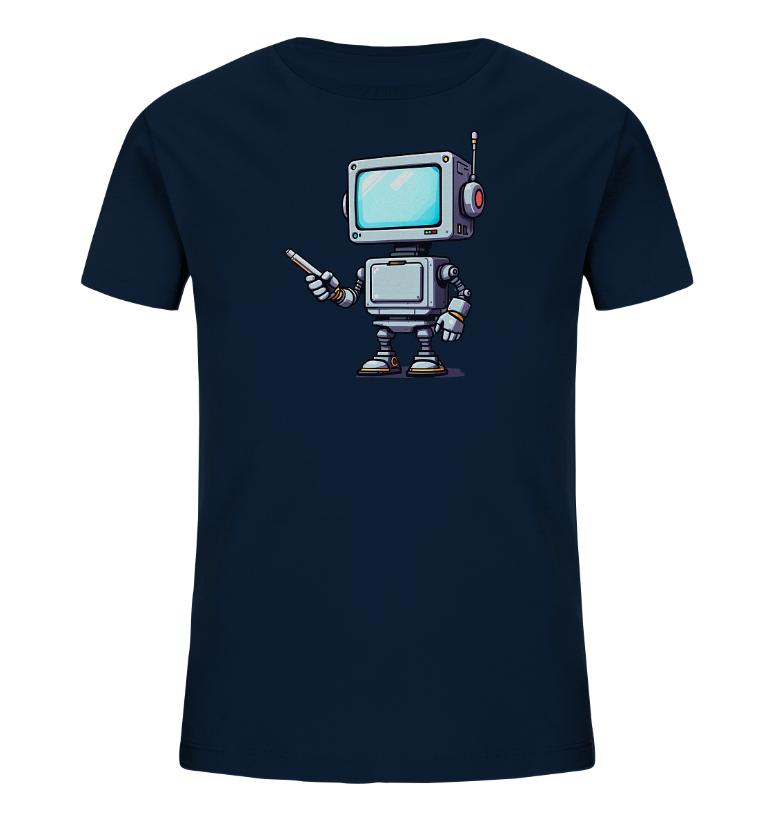 Onlineshop Shirts für Kinder - Das Bild zeigt ein dunkelblaues T-Shirt für Kinder, das auf der Vorderseite mit einer Grafik eines cartoonartigen Roboters bedruckt ist. Der Roboter hat einen quadratischen Kopf, der wie ein alter Fernseher mit einem leuchtenden Bildschirm aussieht, sowie rote Ohren und eine Antenne. Er steht aufrecht und hält einen Zeigestock in einer seiner roboterhaften Hände. Die Illustration ist im Comic-Stil gehalten und verleiht dem Shirt einen modernen und verspielten Charakter.