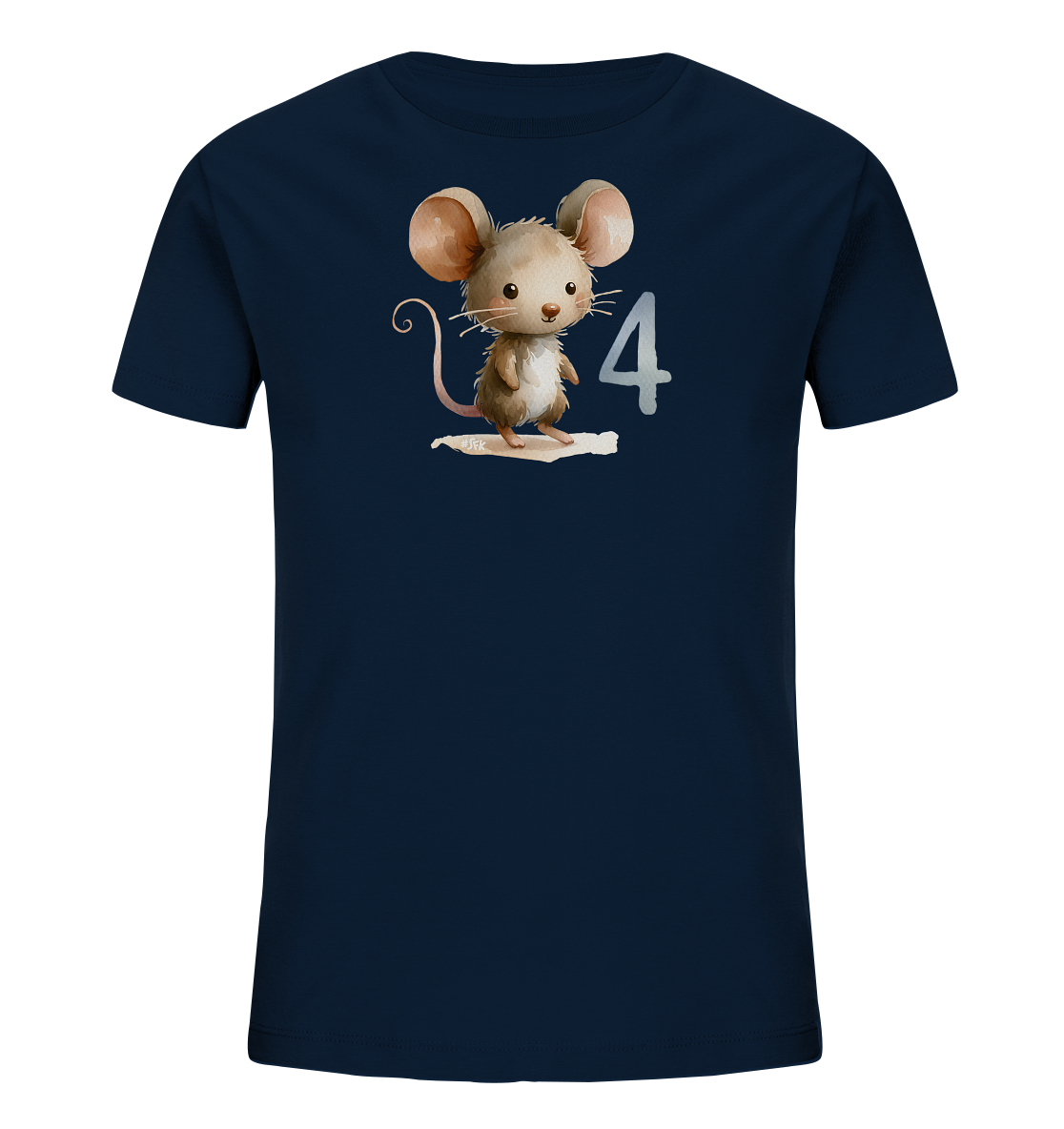 Onlineshop Shirts fuer Kinder - Das Bild zeigt ein dunkelblaues Kinder-T-Shirt. Auf der Vorderseite ist eine niedliche, cartoonhafte Maus abgebildet. Neben der Maus steht die Zahl '4' in hellgrauer Farbe. Das Design ist schlicht und ansprechend fuer Kinder.