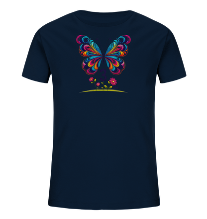 Onlineshop Shirts fuer Kinder - Das Bild zeigt ein dunkelblaues T-Shirt fuer Kinder. Auf der Vorderseite ist ein grosser, farbenfroher Schmetterling mit detailreichen Mustern abgebildet. Unter dem Schmetterling befindet sich die Zahl "3" in Lila. Das Design wird durch kleine Blumen und Blaetter ergaenzt und wirkt lebendig und kindgerecht.