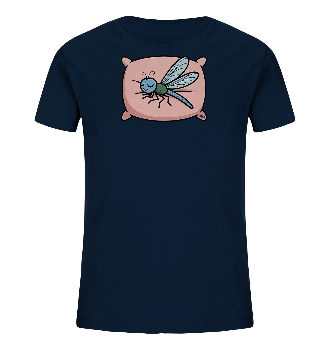Onlineshop Shirts fuer Kinder - Das Bild zeigt ein dunkelblaues Kinder-T-Shirt mit einem niedlichen Aufdruck. Darauf ist eine blau-gruene Libelle zu sehen, die friedlich auf einem rosafarbenen Kissen schlaeft. Das Design wirkt ruhig und traeumerisch, ideal fuer gemuetliche Anlaesse.