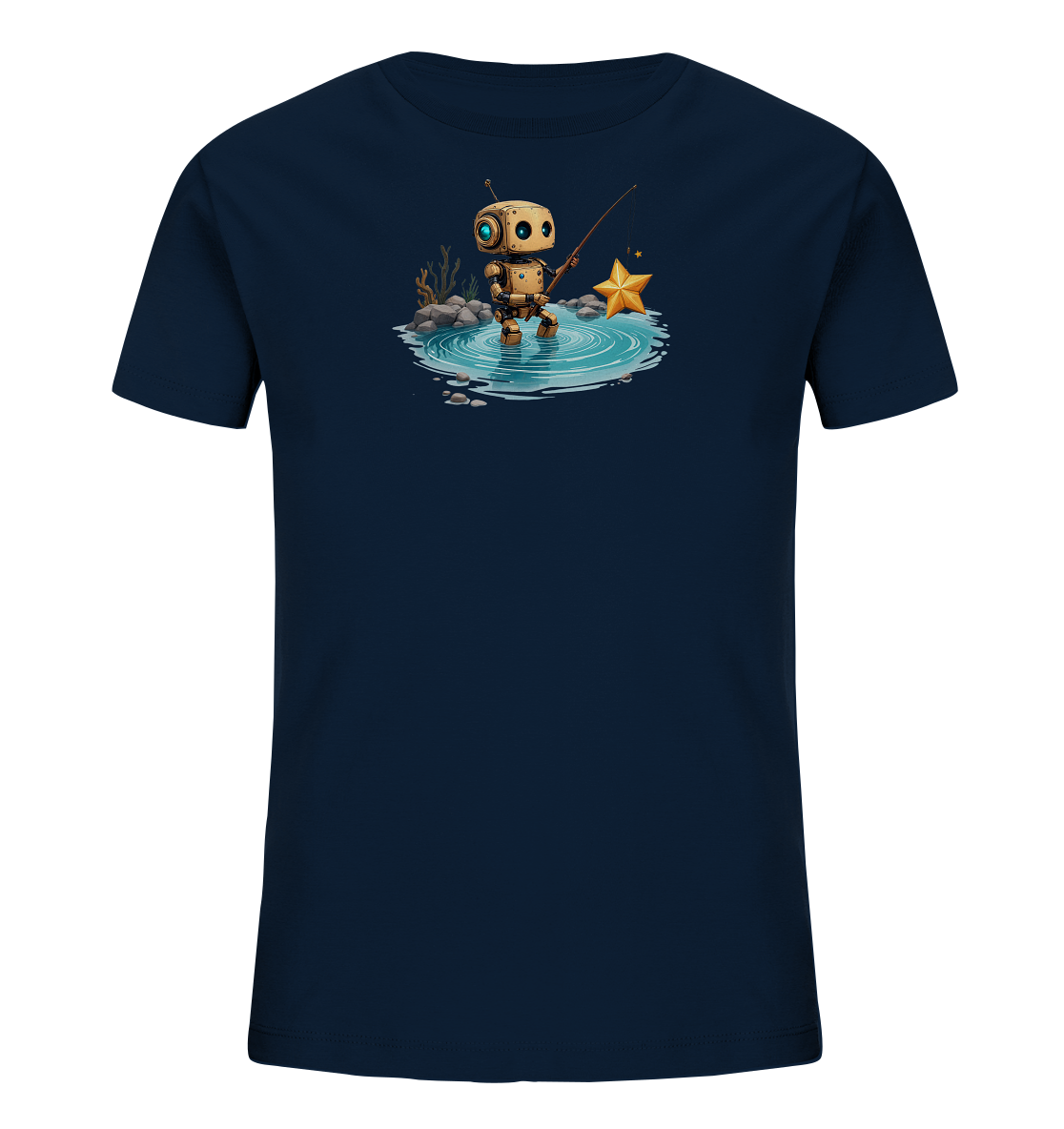 Onlineshop Shirts für Kinder - Das Bild zeigt ein dunkelblaues Kinder-T-Shirt mit einem detailreichen Frontdruck. Der Druck zeigt einen kleinen, beigefarbenen Roboter, der in einem Teich oder einer Pfütze steht. Der Roboter hält eine Angel in der Hand und angelt nach einem großen, goldenen Stern, der im Wasser schwimmt. Um den Teich herum sind Steine und stilisierte Pflanzen zu sehen, was der Szene eine verspielte Note verleiht.