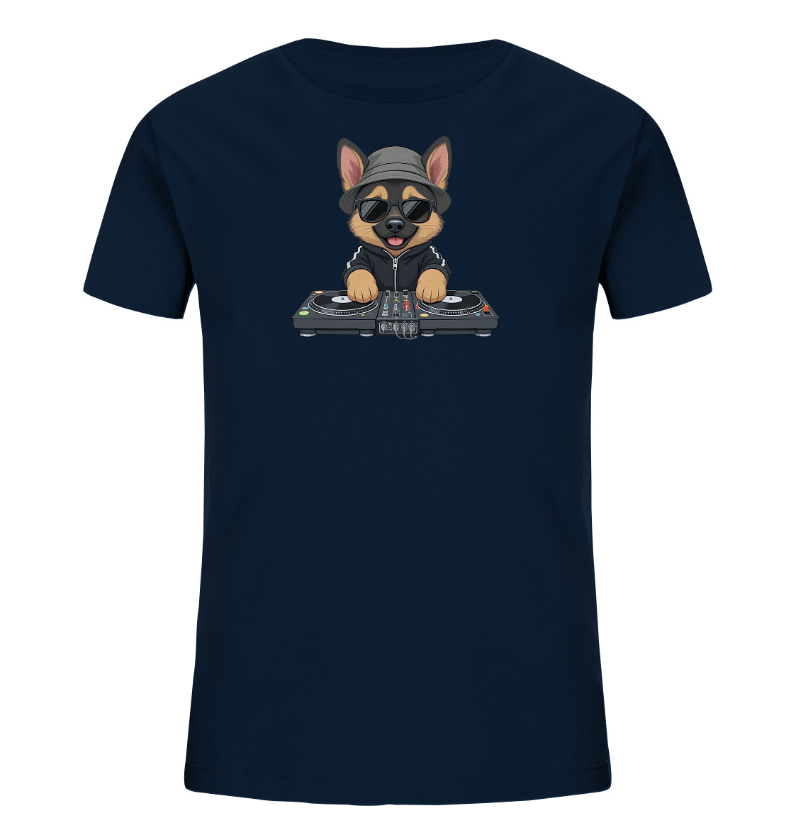 Onlineshop Shirts fuer Kinder - Das Bild zeigt ein dunkelblaues Kinder-T-Shirt mit einer Illustration eines Hundes als DJ. Der Hund traegt einen grauen Hut, eine Sonnenbrille und eine schwarze Sportjacke mit weissen Streifen. Er steht hinter einem DJ-Mischpult mit zwei Plattenspielern und hat einen froehlichen Gesichtsausdruck. Das Motiv verleiht dem Shirt einen verspielten und modernen Charakter.