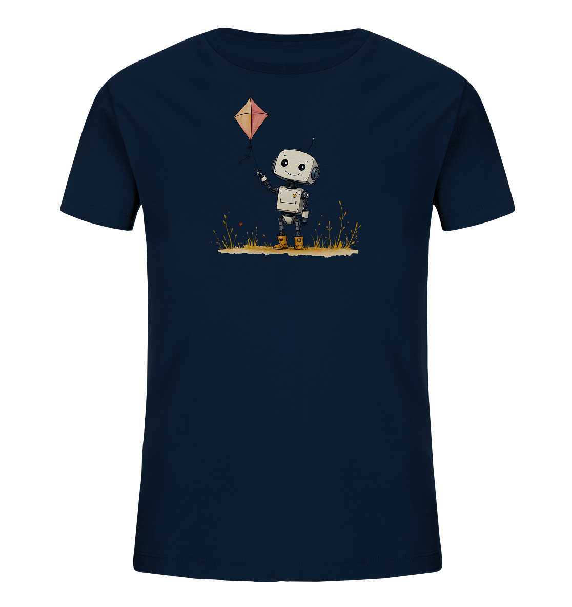Onlineshop Shirts für Kinder - Das Bild zeigt ein dunkelblaues Kinder-T-Shirt mit einem freundlichen Druckmotiv auf der Vorderseite. Im Zentrum des Motivs steht ein kleiner, weißer Cartoon-Roboter mit großen Augen und einem Lächeln. Der Roboter hält einen roten Faden, der zu einem orangefarbenen und rosafarbenen Drachen führt, der über ihm schwebt. Das Motiv ist auf einem kleinen Bereich mit gelblichem Gras und einigen roten Punkten dargestellt und hat einen verspielten Stil.