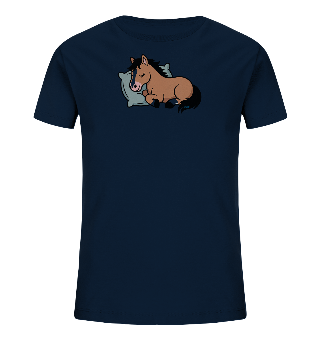 Onlineshop Shirts fuer Kinder - Das Bild zeigt ein dunkelblaues T-Shirt fuer Kinder. Auf der Vorderseite ist eine suesse, cartoonartige Illustration eines braunen Pferdes zu sehen. Das Pferd liegt friedlich schlafend auf einem hellblauen Kissen. Das Design wirkt ruhig und verspielt, ideal fuer Kinder.