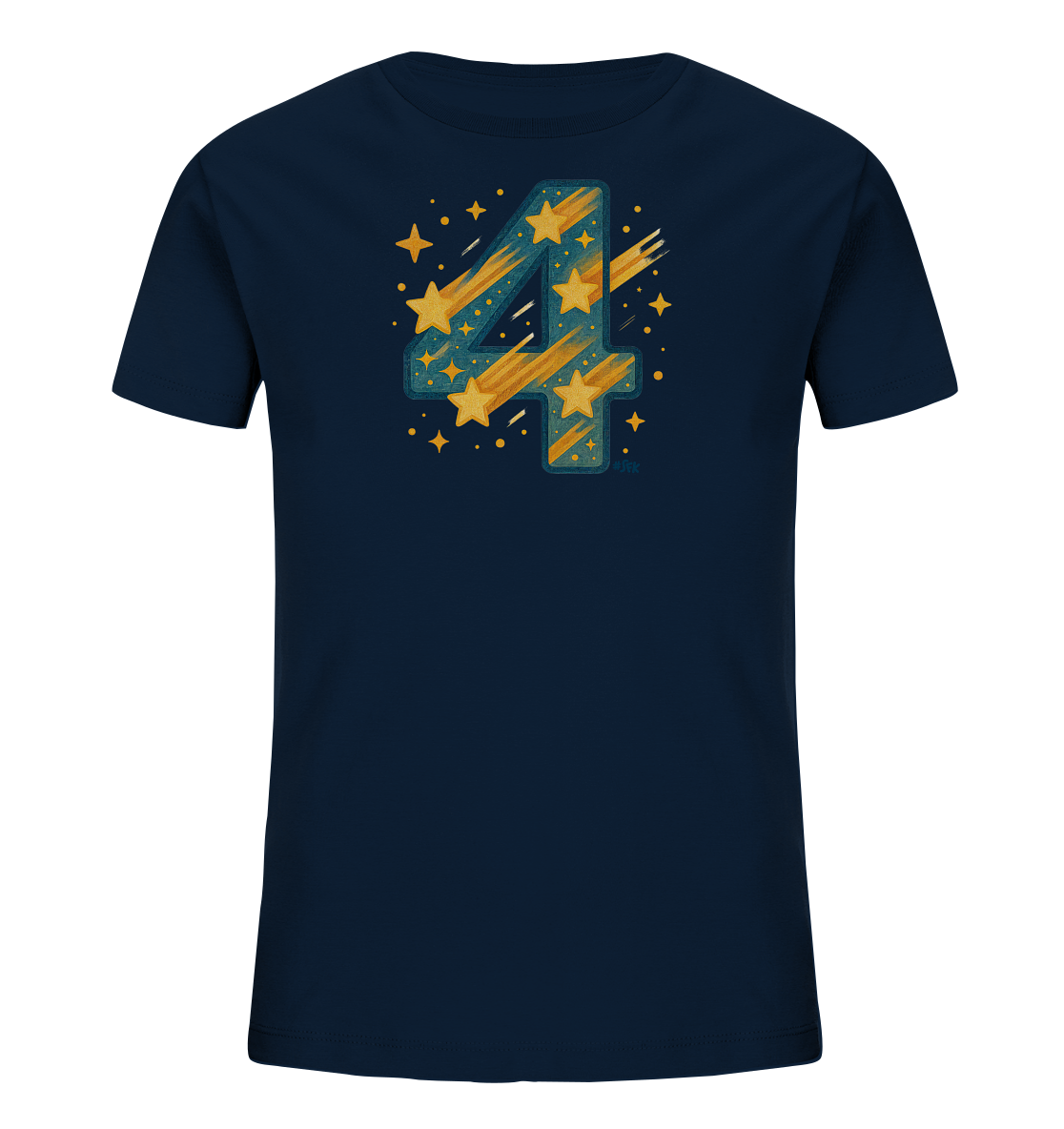 Onlineshop Shirts fuer Kinder - Das Bild zeigt ein dunkelblaues Kinder-T-Shirt. Auf der Vorderseite ist eine grosse Zahl "4" abgebildet, die mit gelben Sternen und Schweifen gestaltet ist. Kleine Punkte und Sterne umgeben die Zahl und verleihen dem Design ein himmlisches Aussehen. Das Motiv ist farbenfroh und detailreich auf dem dunklen Stoff platziert.