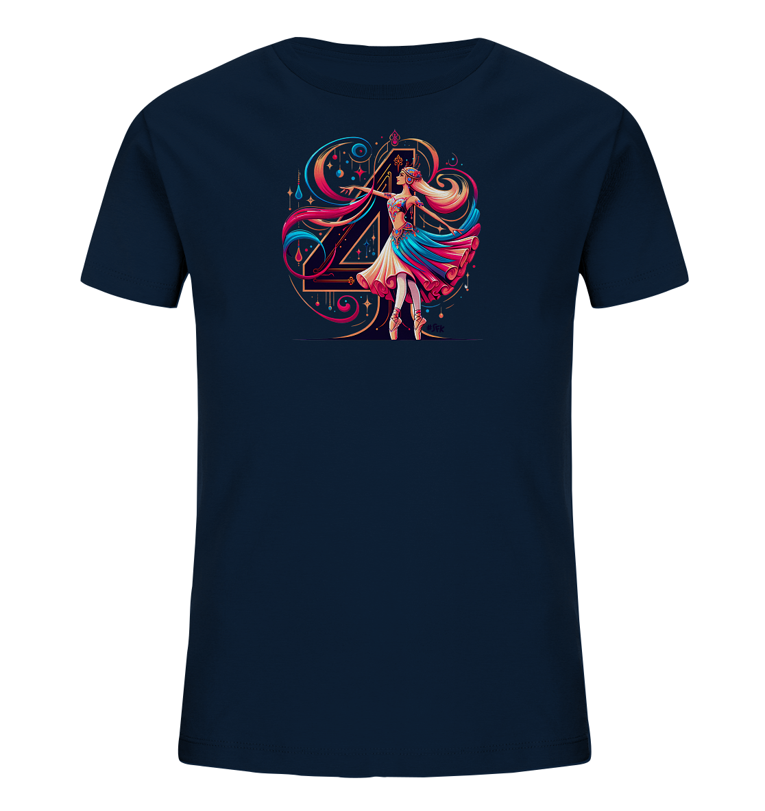 Onlineshop Shirts fuer Kinder - Das dunkelblaue T-Shirt zeigt ein farbenfrohes Motiv einer tanzenden Figur in einem fliessenden Kleid. Dahinter befindet sich eine grosse, stilisierte Zahl 4, umgeben von dynamischen Elementen und hellen Farben. Das Design hat einen kuenstlerischen, verspielten Stil, der Bewegung und Feierlichkeit ausdrueckt.