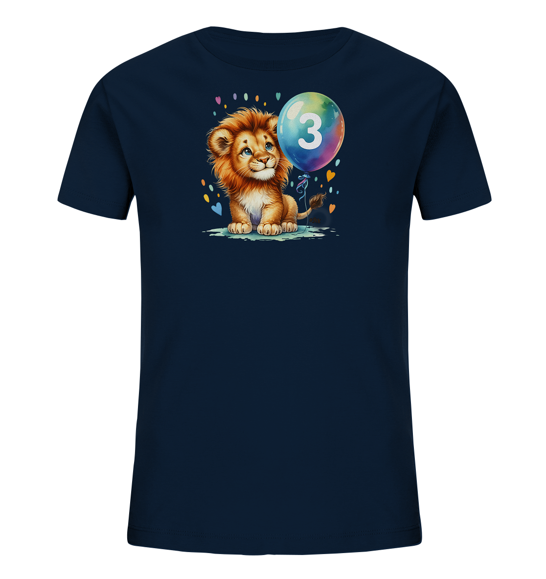 Onlineshop Shirts fuer Kinder - Das Bild zeigt ein dunkelblaues T-Shirt fuer Kinder mit einem suessen Aufdruck. Darauf ist ein kleiner, cartoonhafter Loewe zu sehen, der neben einem bunten Ballon sitzt. Auf dem Ballon ist deutlich die Zahl '3' abgebildet. Kleine bunte Punkte und Herzen umgeben das Motiv, was ihm einen froehlichen Look verleiht.