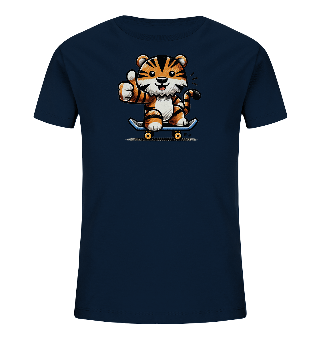 Onlineshop Shirts fuer Kinder - Das Bild zeigt ein dunkelblaues Kinder-T-Shirt mit einem lustigen Motiv. Darauf ist ein freundlicher Cartoon-Tiger zu sehen, der auf einem Skateboard sitzt und einen Daumen hoch zeigt. Das verspielte Design mit dem coolen Skateboard-Motiv macht es zu einem Blickfang.