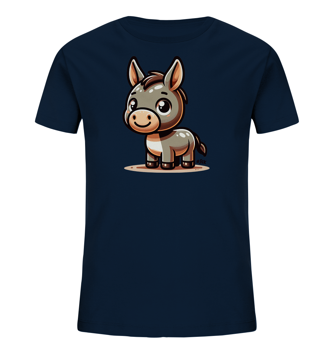 Onlineshop Shirts fuer Kinder - Das Bild zeigt ein dunkelblaues Kinder-T-Shirt. Darauf ist eine niedliche, cartoonartige Illustration eines Esels zu sehen, der auf einer kleinen Flaeche steht. Der Esel hat grosse Augen, ein breites Laecheln und ein freundliches Aussehen, was dem Shirt einen verspielten Charakter verleiht.