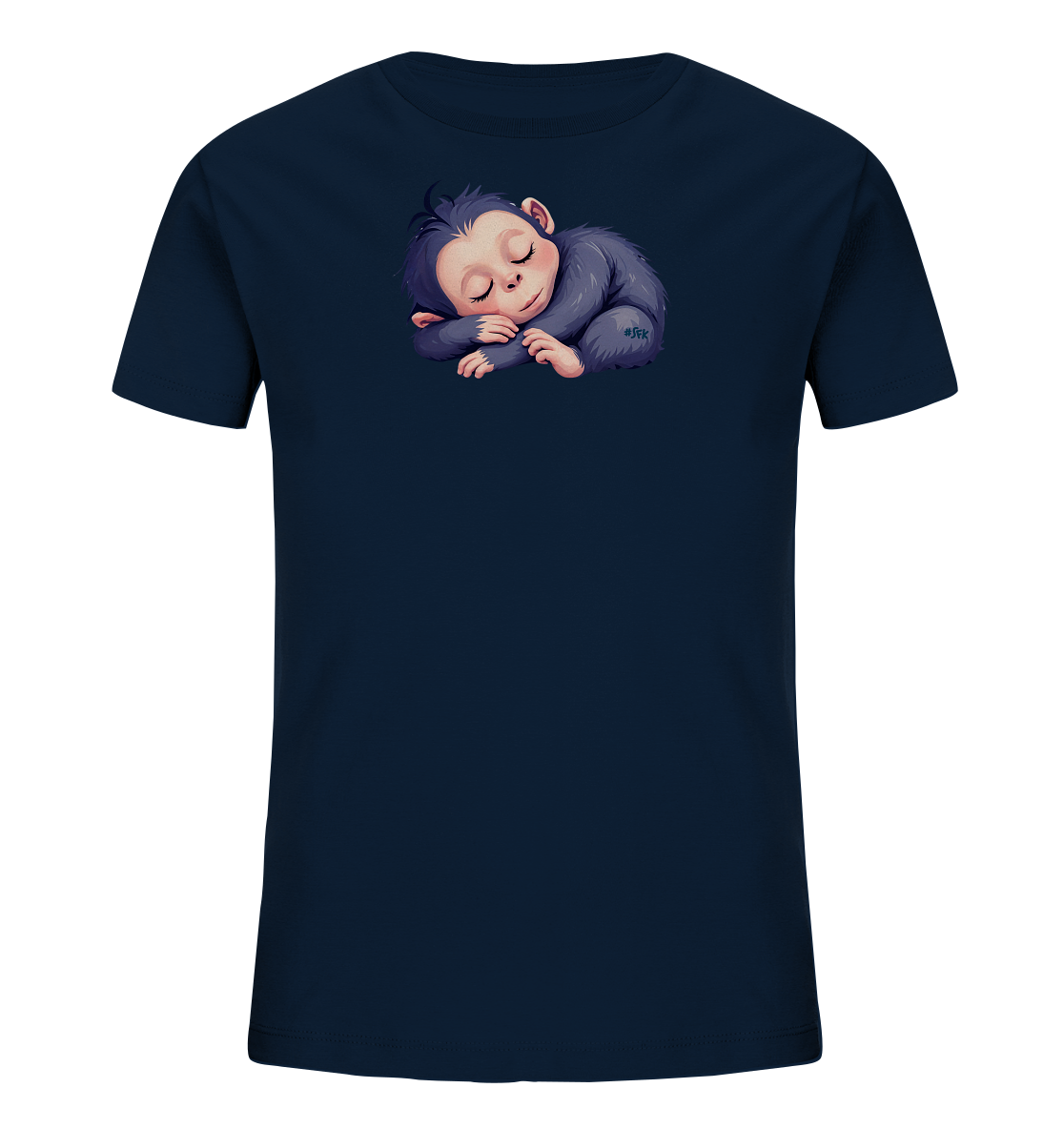 Onlineshop Shirts fuer Kinder - Das Bild zeigt ein dunkelblaues T-Shirt fuer Kinder. Auf der Vorderseite ist eine detaillierte Grafik eines schlafenden Baby-Affen abgebildet, der sich gemuetlich eingerollt hat. Das Äffchen hat weiches, dunkles Fell und helle, rosafarbene Gesichtszuege, was einen friedlichen Ausdruck vermittelt. Das Design ist mittig platziert und verleiht dem Shirt einen niedlichen und beruhigenden Charakter.