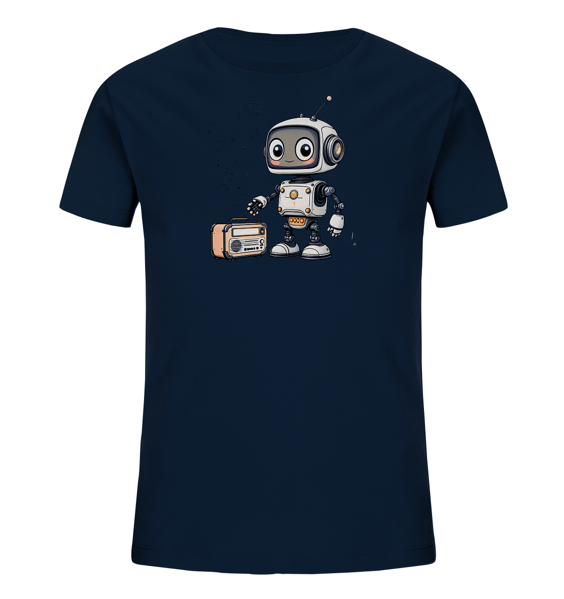 Onlineshop Shirts für Kinder - Das Bild zeigt ein dunkelblaues T-Shirt mit einer Illustration auf der Vorderseite. Die Illustration stellt einen freundlich aussehenden, kleinen Roboter mit großen Augen dar, der neben einem vintage-ähnlichen Radio steht. Über dem Radio und dem Roboter schweben musikalische Noten, was auf das Abspielen von Musik hinweist. Das Design ist cartoonhaft und verspielt, was gut zu Kinderbekleidung passt.