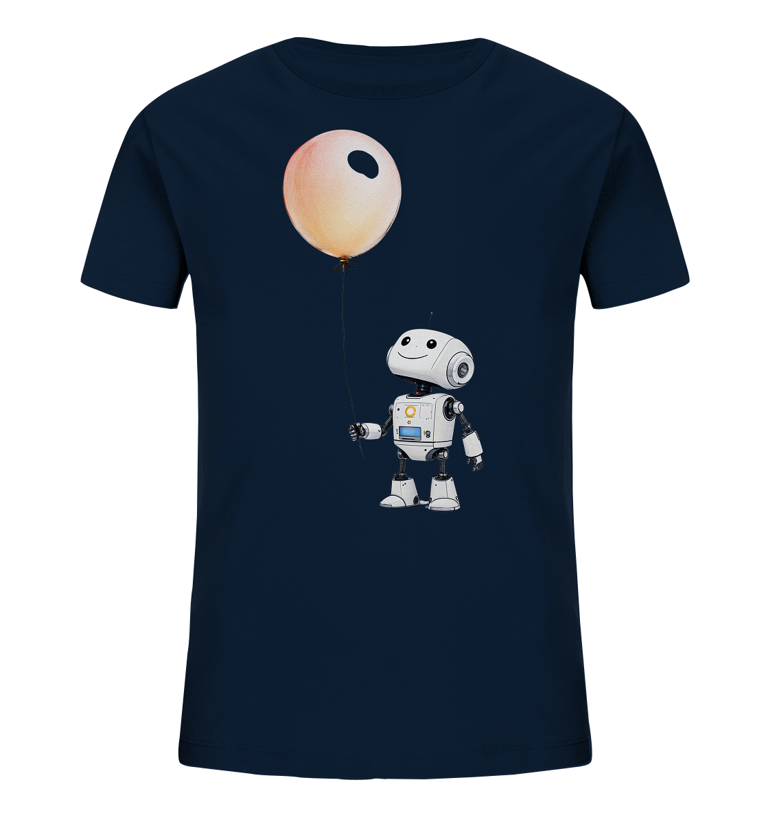 Kinder-T-Shirt mit lachendem Roboter und Ballon-Motiv.