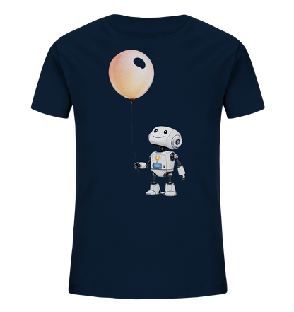 Kinder-T-Shirt mit lachendem Roboter und Ballon-Motiv.