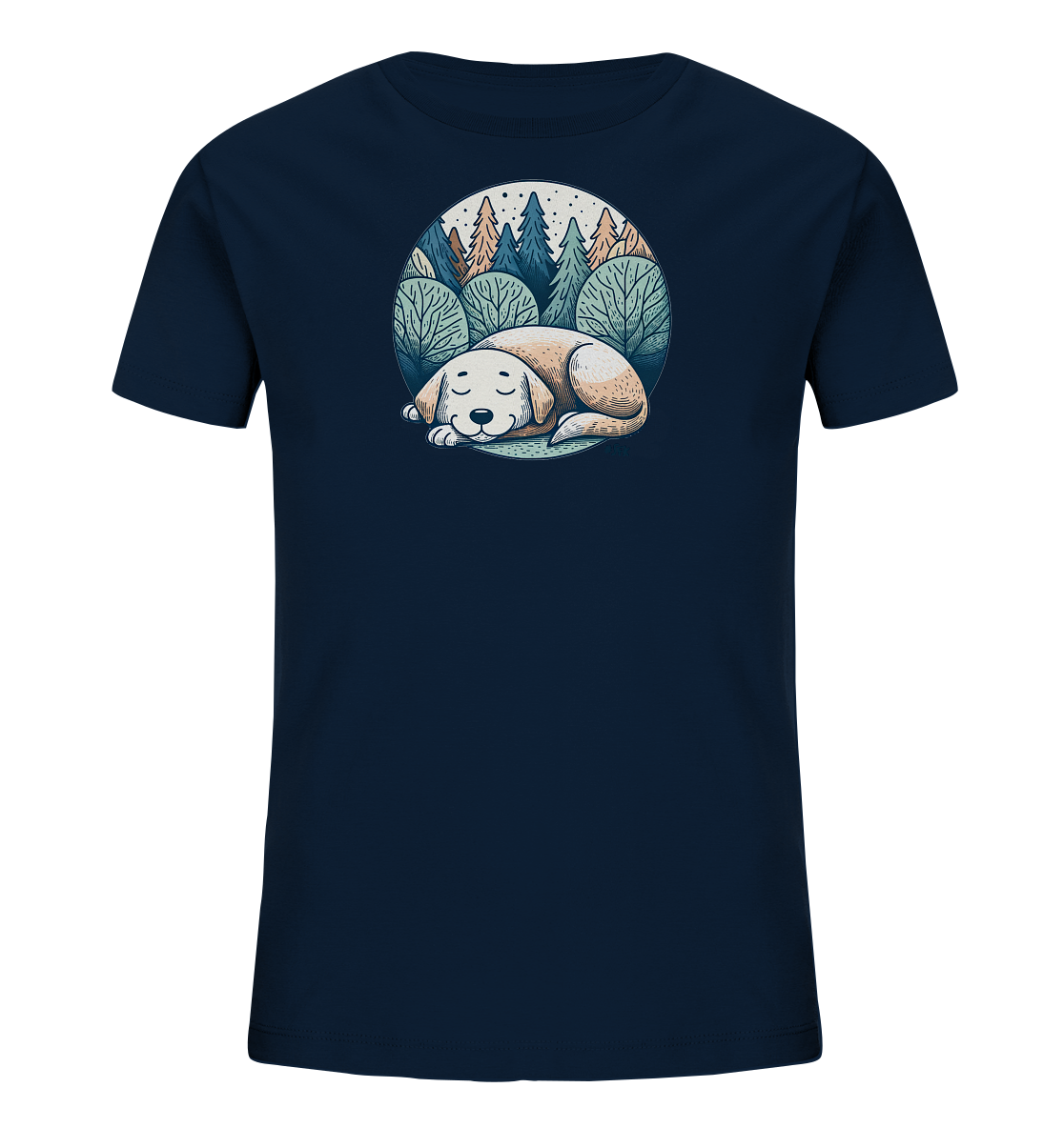 Onlineshop Shirts fuer Kinder - Dieses dunkelblaue T-Shirt fuer Kinder zeigt eine runde Grafik mit einem schlafenden Hund. Der Hund liegt in einer stilisierten Naturlandschaft mit Baeumen und einem Sternenhimmel. Das Design wirkt ruhig und vertraeumt. Es ist eine neutrale und detaillierte Darstellung.