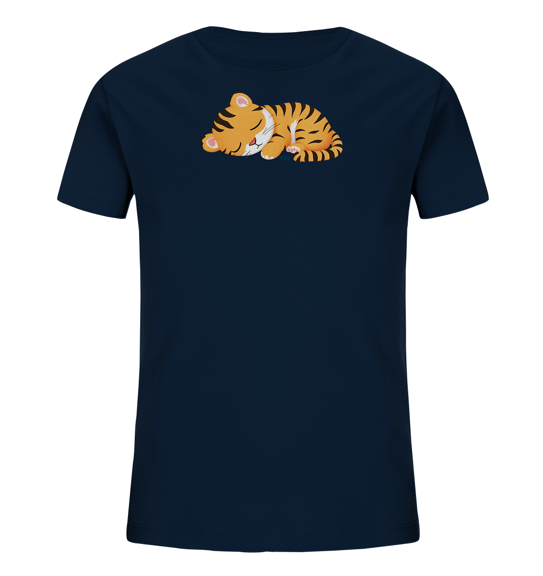 Onlineshop Shirts fuer Kinder - Das Bild zeigt ein dunkelblaues Kinder-T-Shirt mit einem niedlichen Motiv eines schlafenden Baby-Tigers. Der kleine Tiger ist orange mit schwarzen Streifen dargestellt und liegt friedlich zusammengerollt da. Seine Augen sind geschlossen, und seine Pfoten und Ohren sind zartrosa akzentuiert. Das Design vermittelt eine ruhige und gemuetliche Atmosphaere, ideal fuer Kindermode.